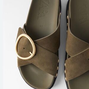 Zara | Women’s Olive Suede Cross-Buckle Slide Sandals | 9.5 (40)